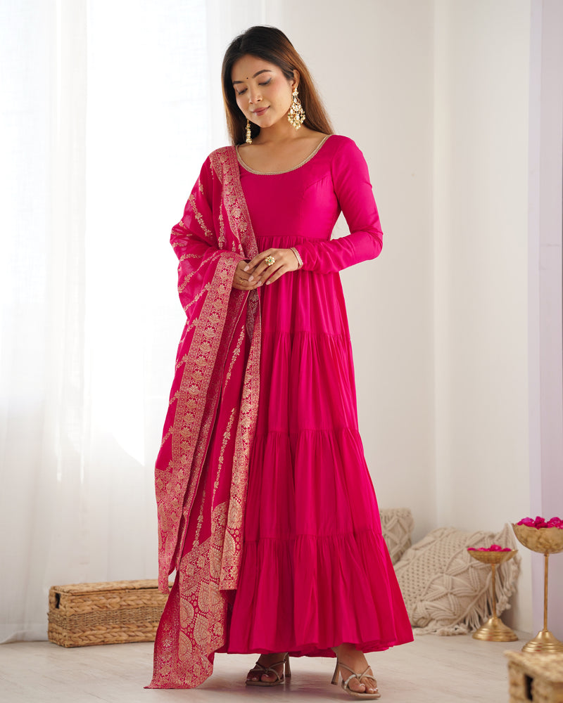 Rani Pink Color Pure Roman Silk Ruffle Style Anarkali Suit