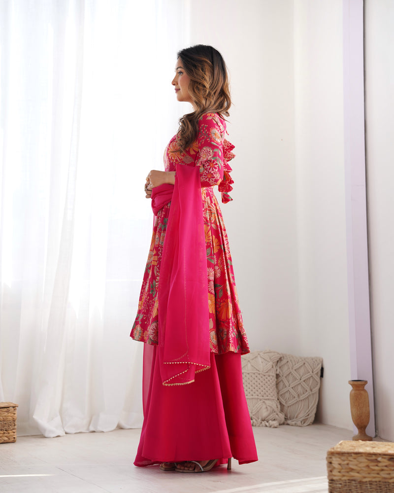 Rani Pink Color Raman silk Discharge Printed Plazzo Suit