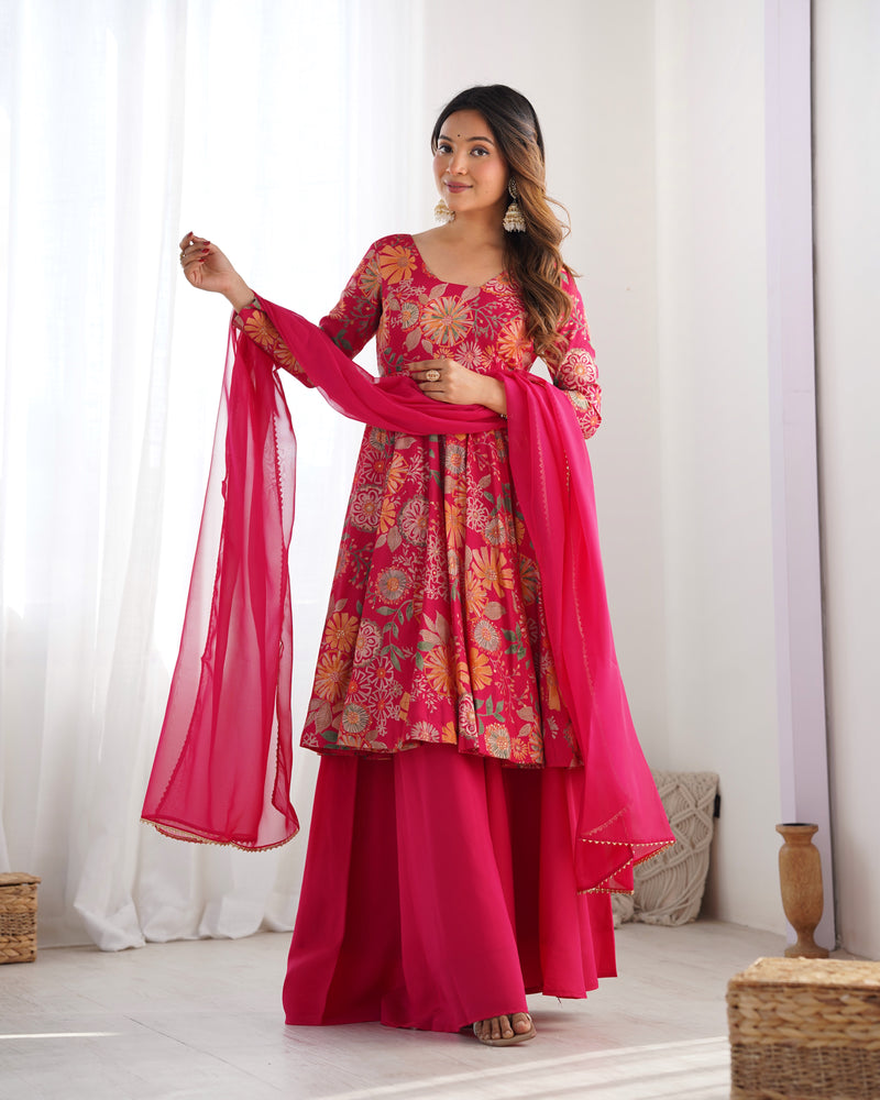 Rani Pink Color Raman silk Discharge Printed Plazzo Suit