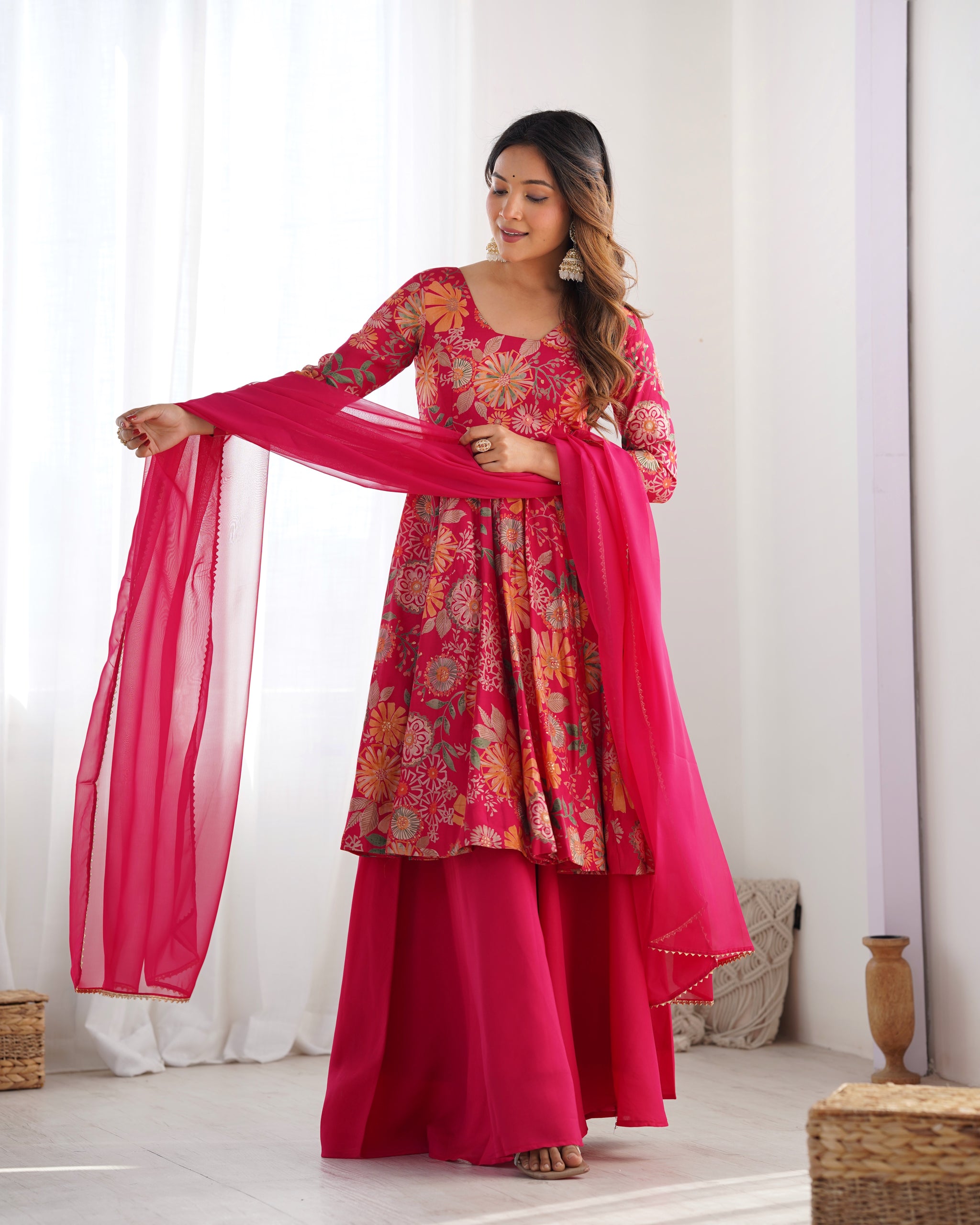 Rani Pink Color Raman silk Discharge Printed Plazzo Suit