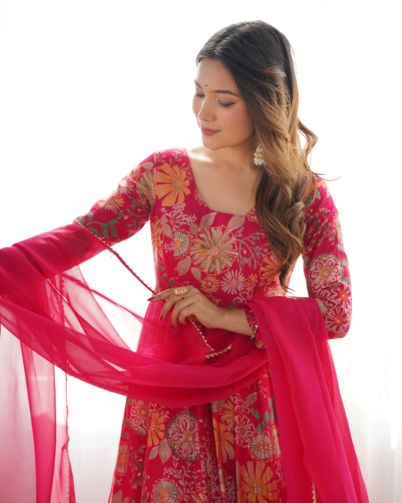 Rani Pink Color Raman silk Discharge Printed Plazzo Suit