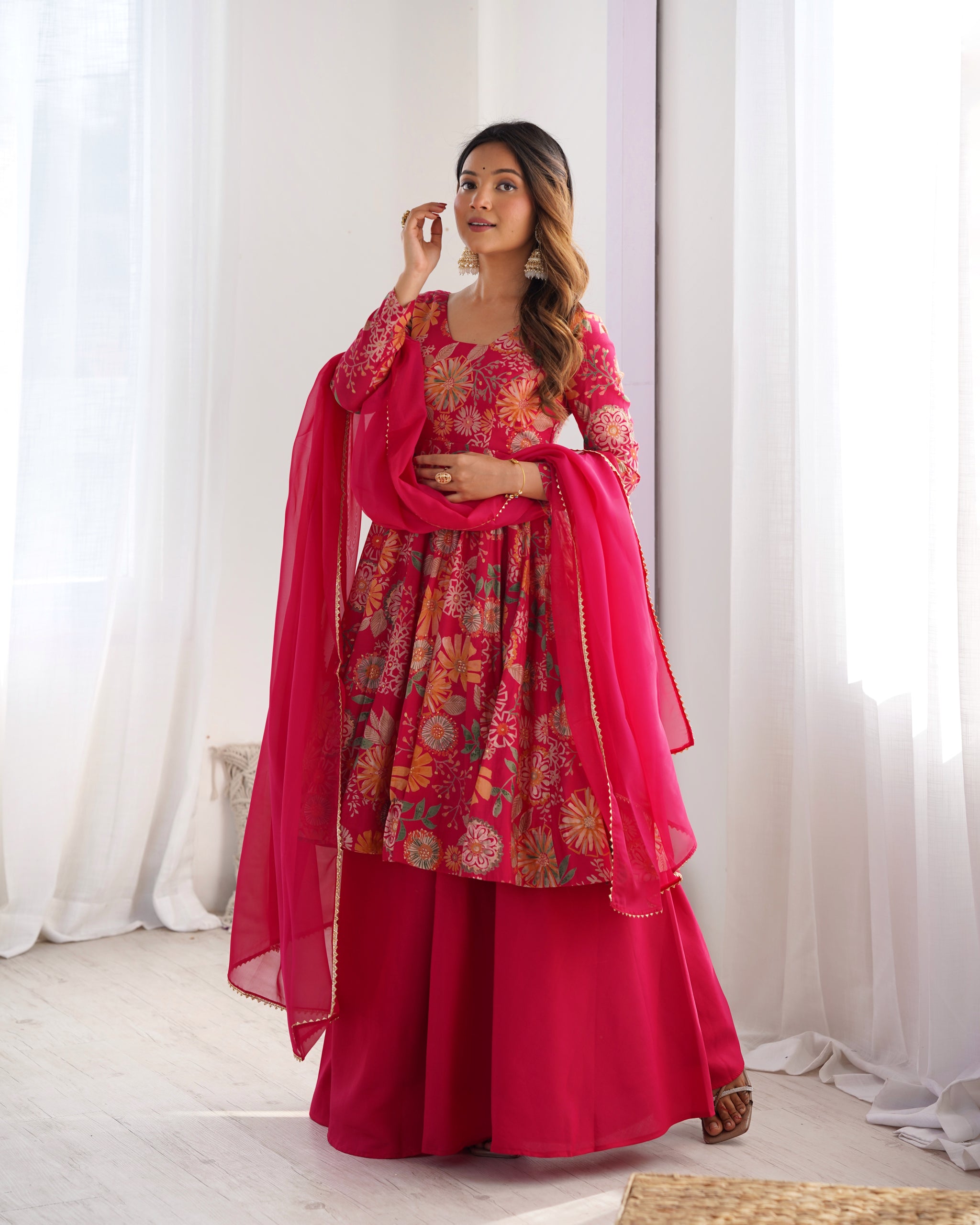 Rani Pink Color Raman silk Discharge Printed Plazzo Suit