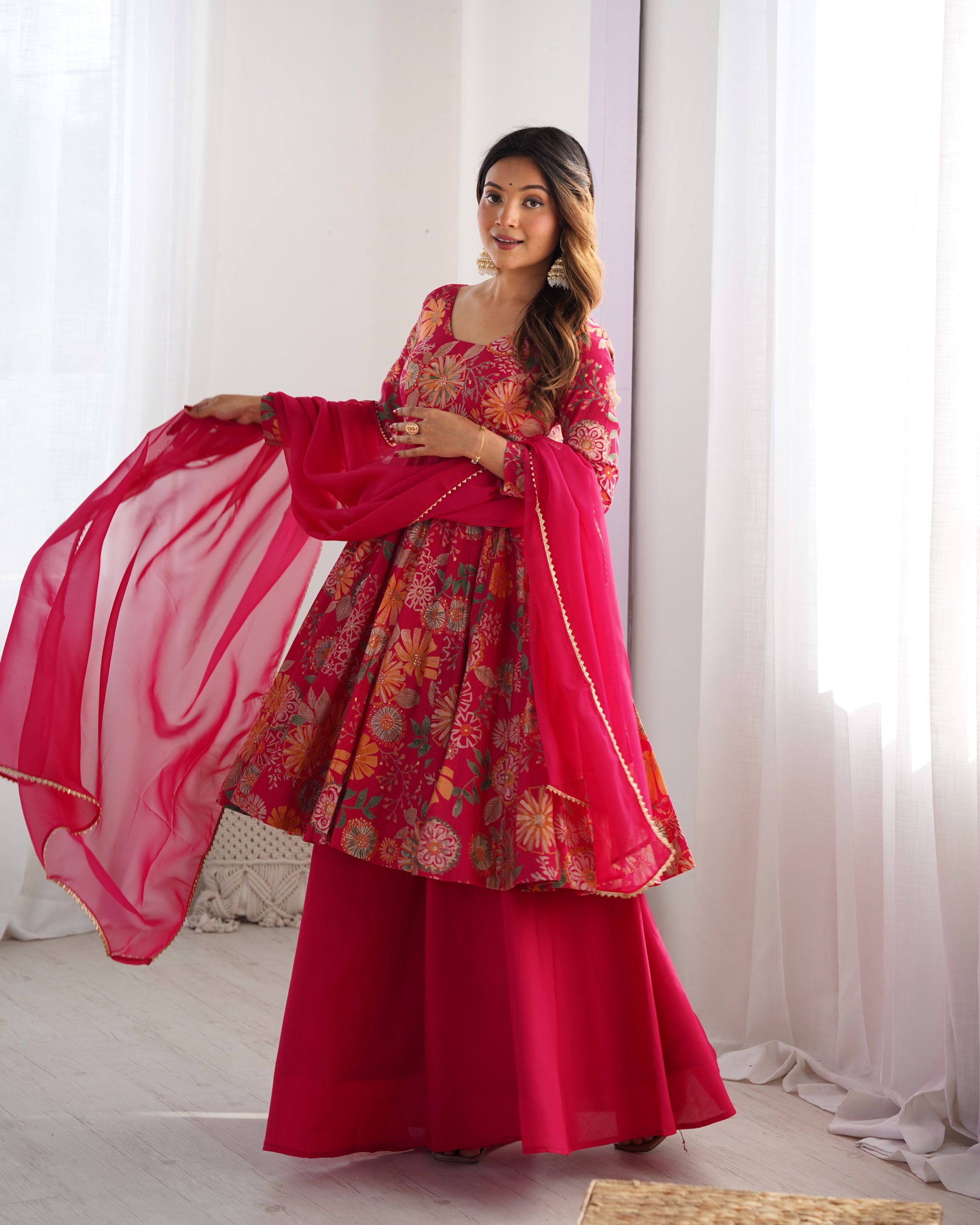 Rani Pink Color Raman silk Discharge Printed Plazzo Suit