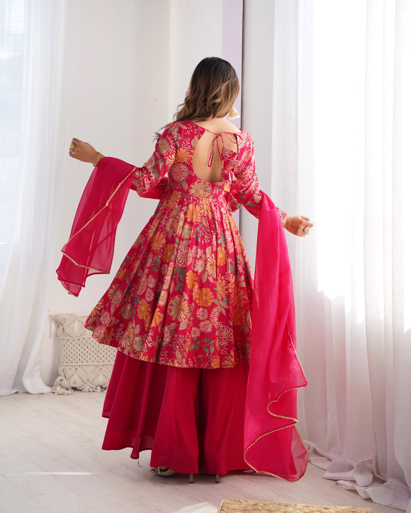 Rani Pink Color Raman silk Discharge Printed Plazzo Suit