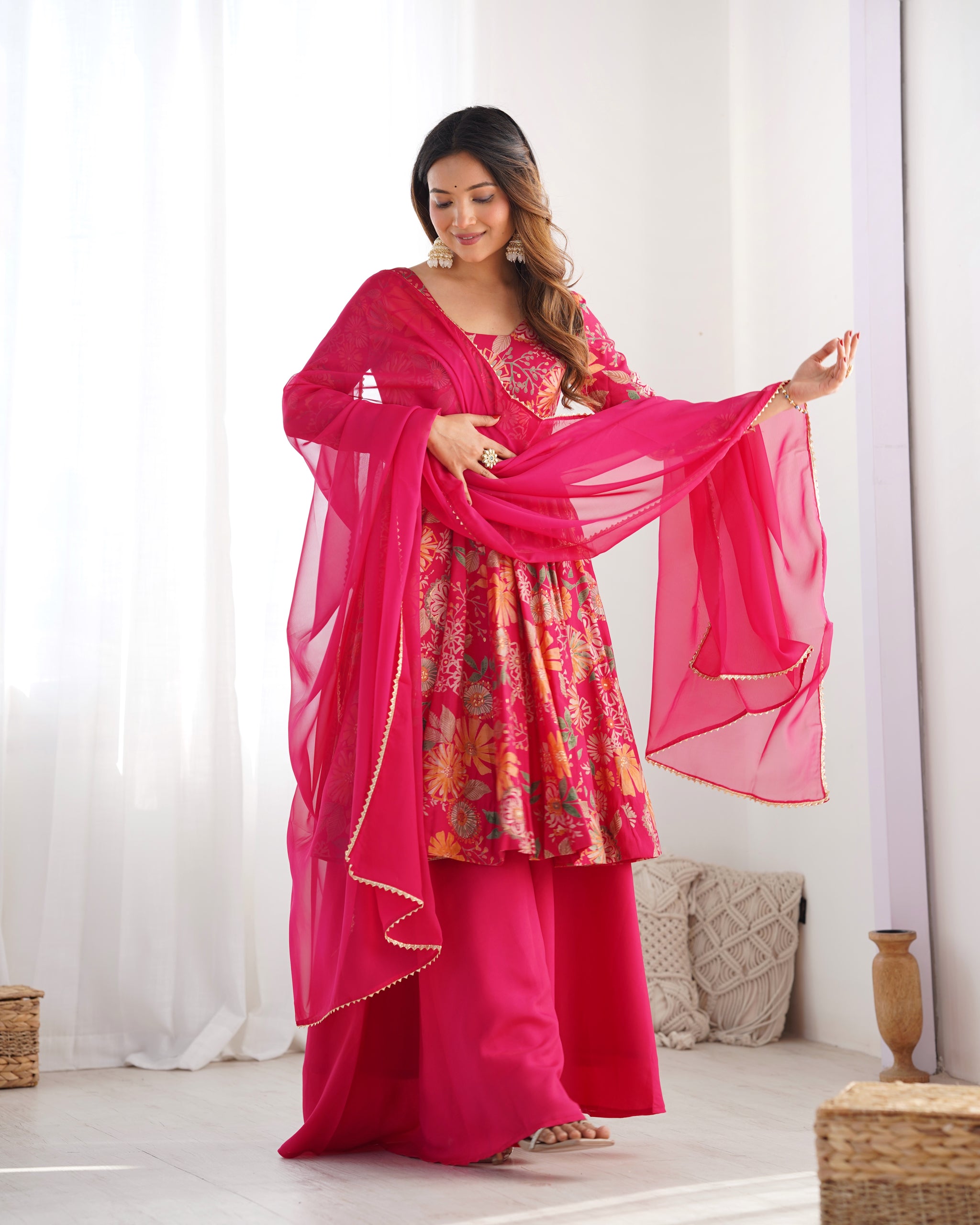 Rani Pink Color Raman silk Discharge Printed Plazzo Suit