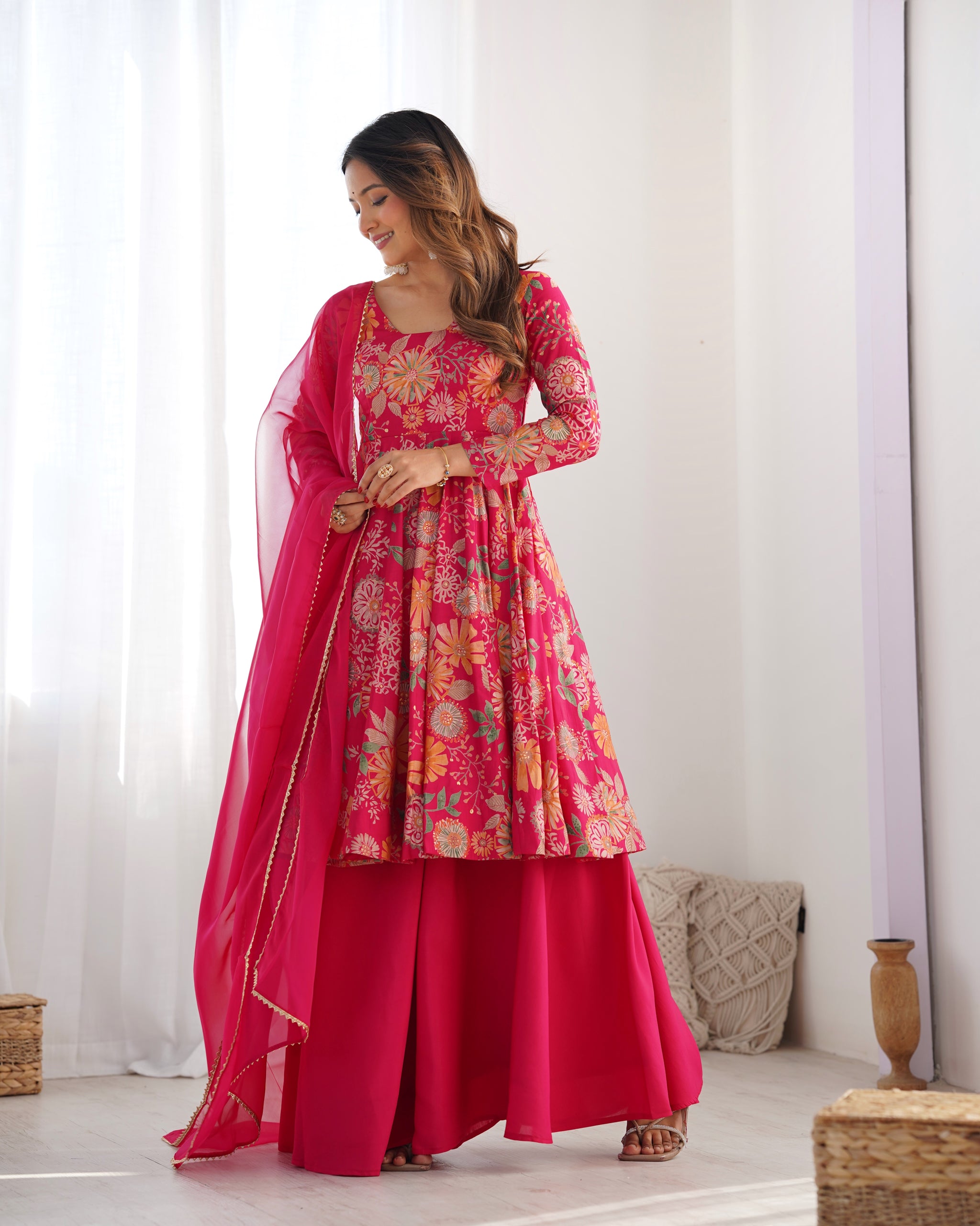 Rani Pink Color Raman silk Discharge Printed Plazzo Suit