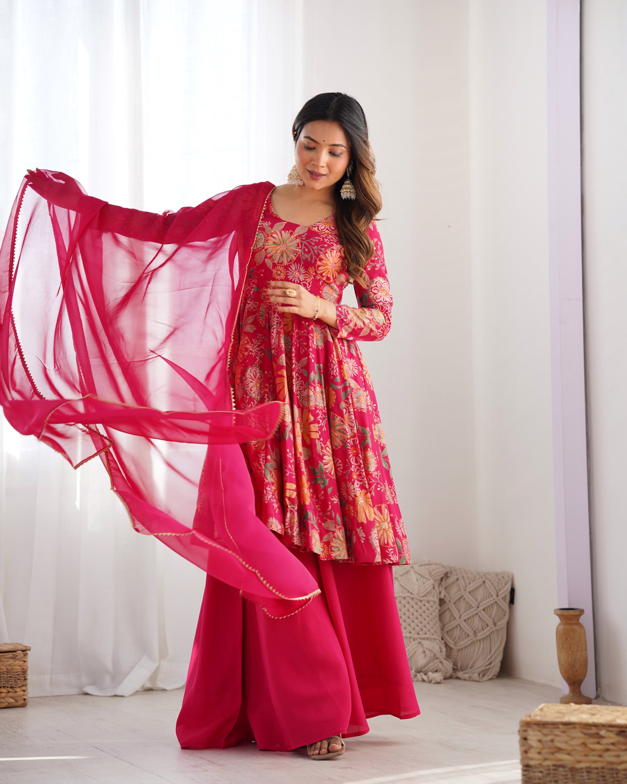 Rani Pink Color Raman silk Discharge Printed Plazzo Suit