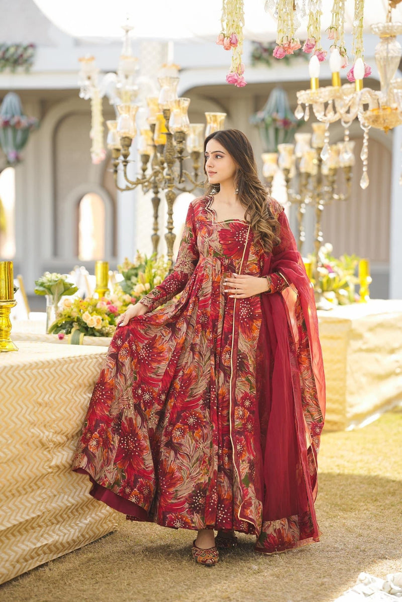 Red Color Faux Georgette Printed Gown With Dupatta