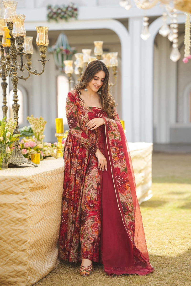 Red Color Faux Georgette Printed Gown With Dupatta