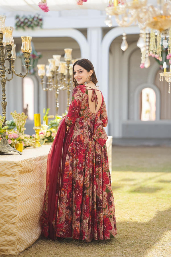 Red Color Faux Georgette Printed Gown With Dupatta