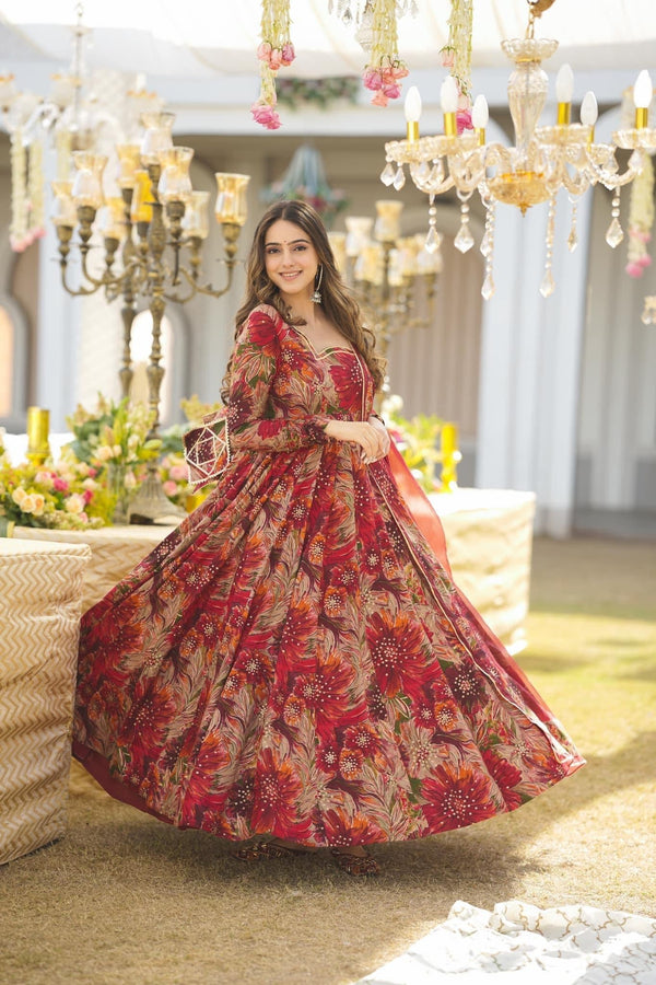 Red Color Faux Georgette Printed Gown With Dupatta