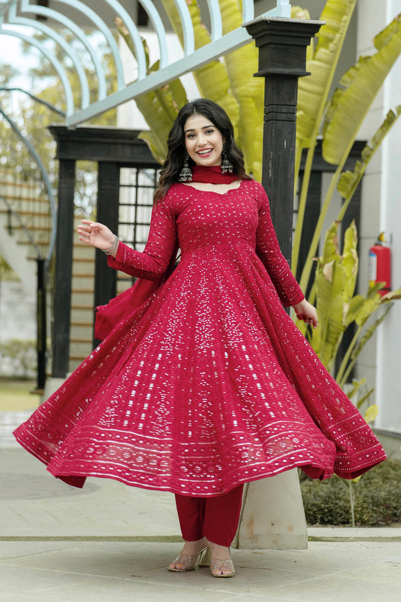 Maroon Embroidered Georgette Anarkali Suit Set subhvastra