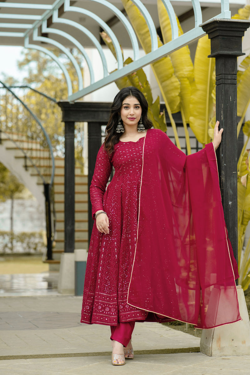 Maroon Embroidered Georgette Anarkali Suit Set