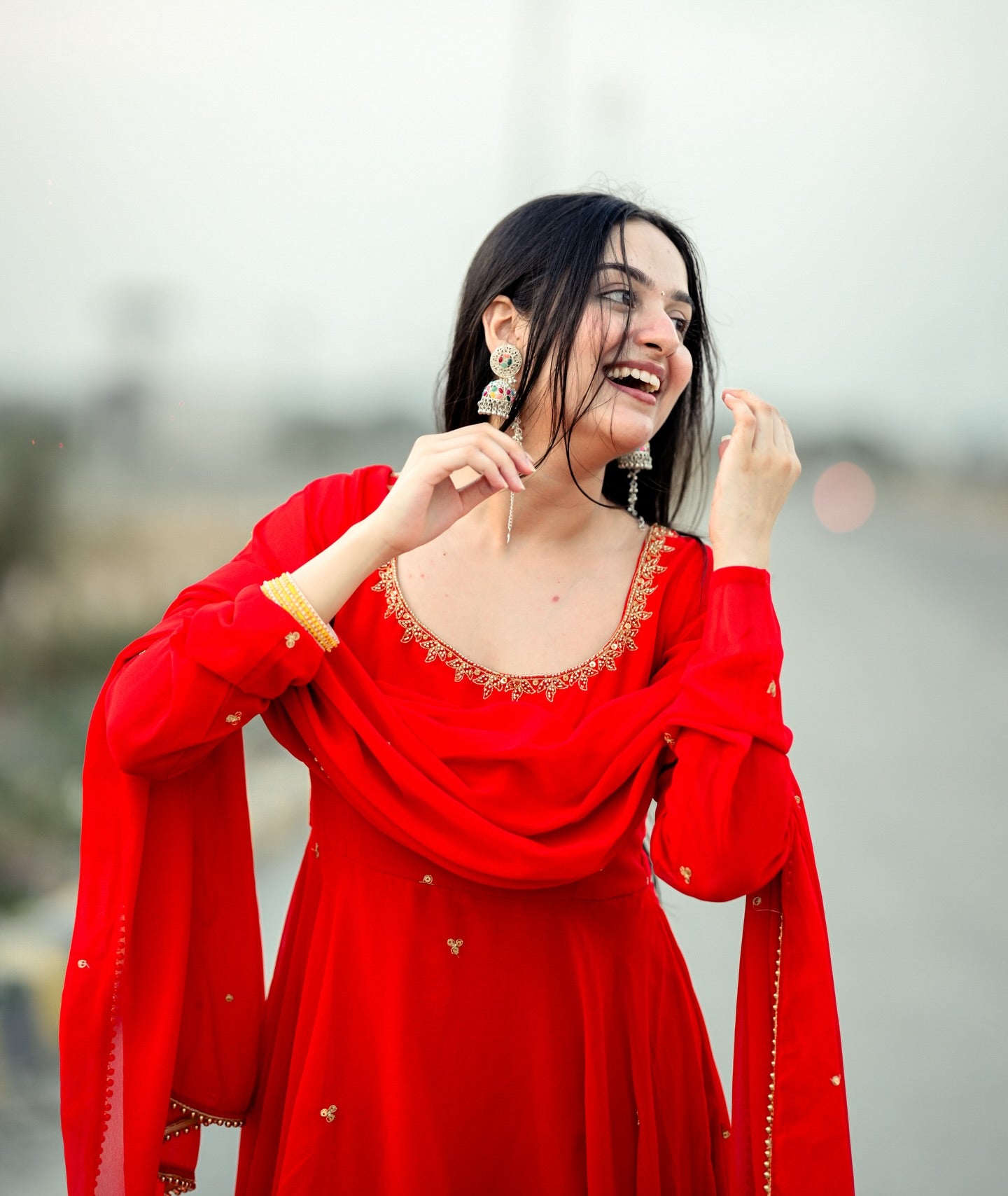 Karwa Chauth Special Soumya Sharma Inspired Red Handwork Anarkali Suit Set