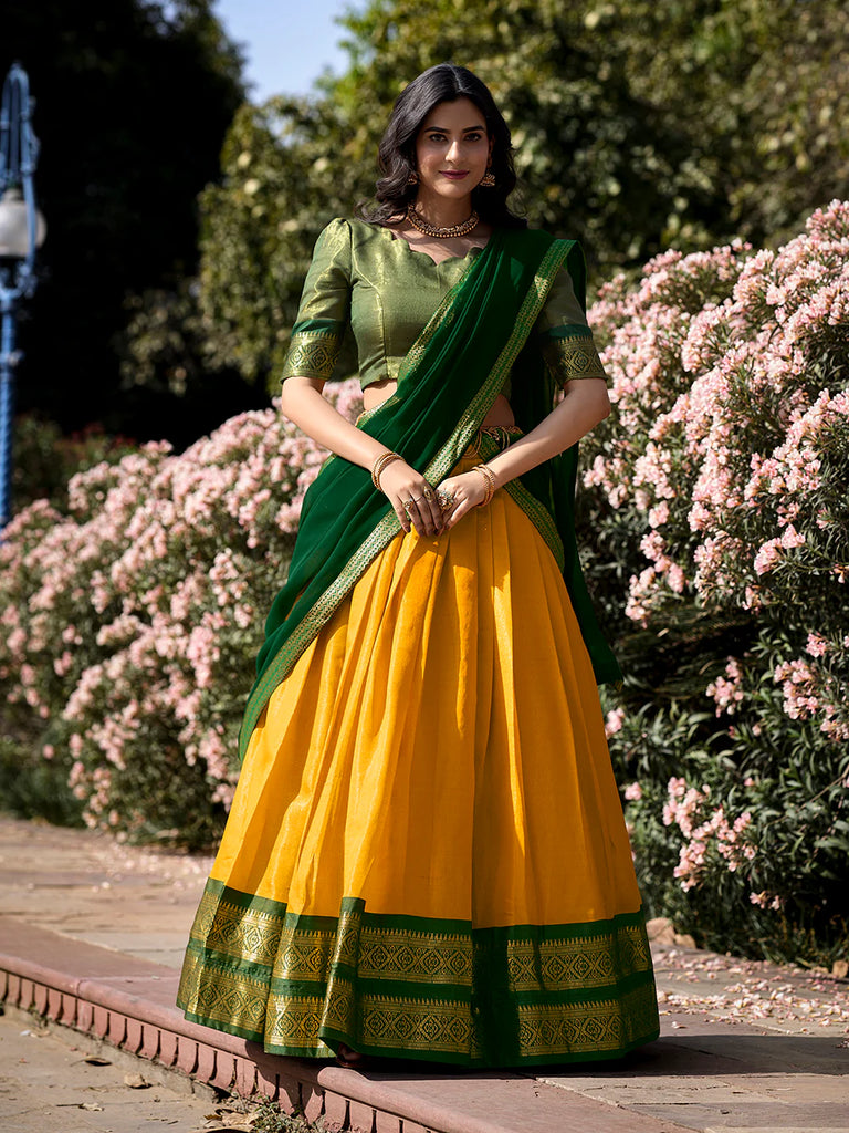 Yellow Color Zari Weaving Work Kanchipuram Haldi Lehenga Choli subhvastra