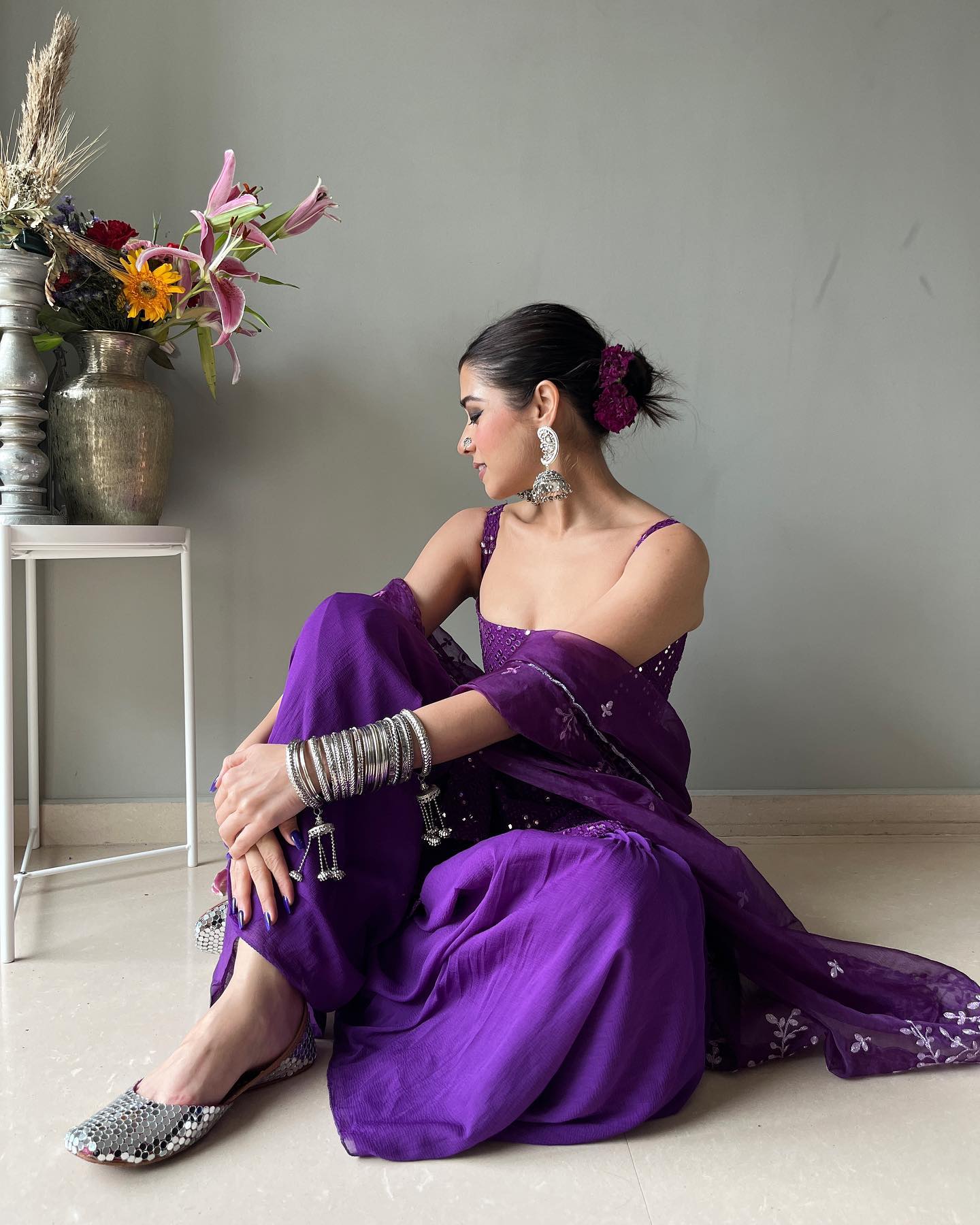 Designer Embroidered Purple Sharara suit Set with Kurta and Dupatta