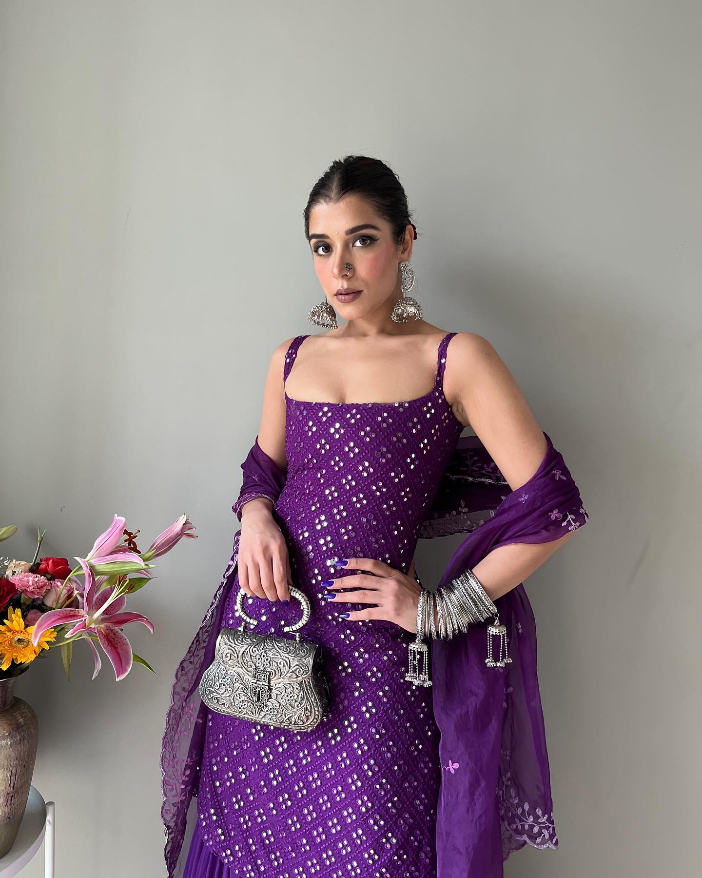 Designer Embroidered Purple Sharara suit Set with Kurta and Dupatta