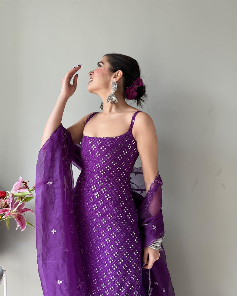 Designer Embroidered Purple Sharara suit Set with Kurta and Dupatta
