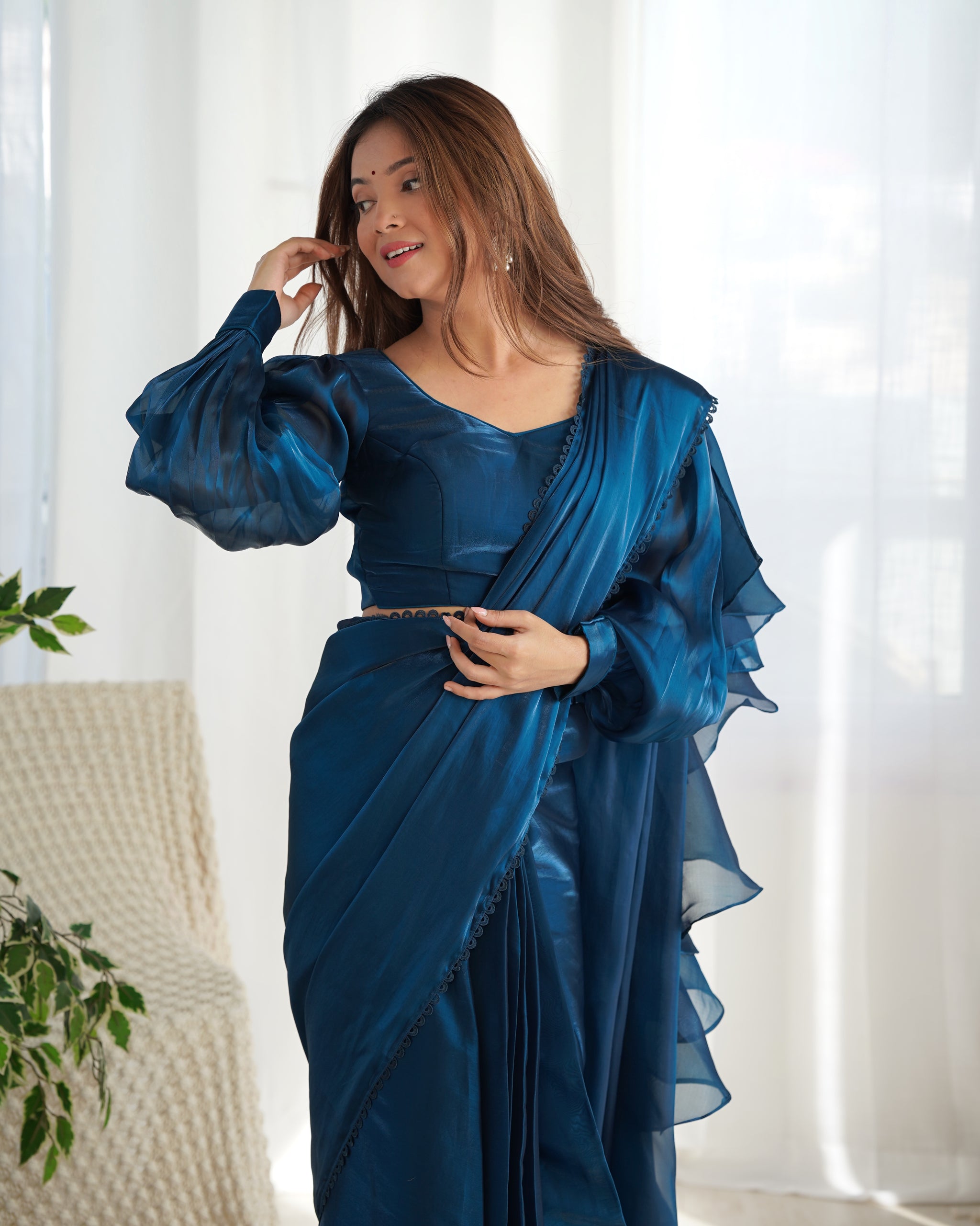 Teal Blue Color Jimmy Choo Ready To Wear Saree