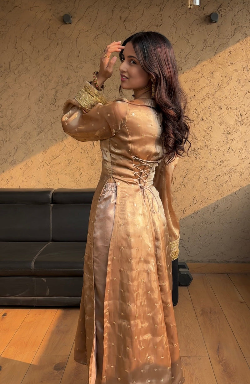 Chiku Silk Anarkali Set with Double Dupatta & Bell Sleeves