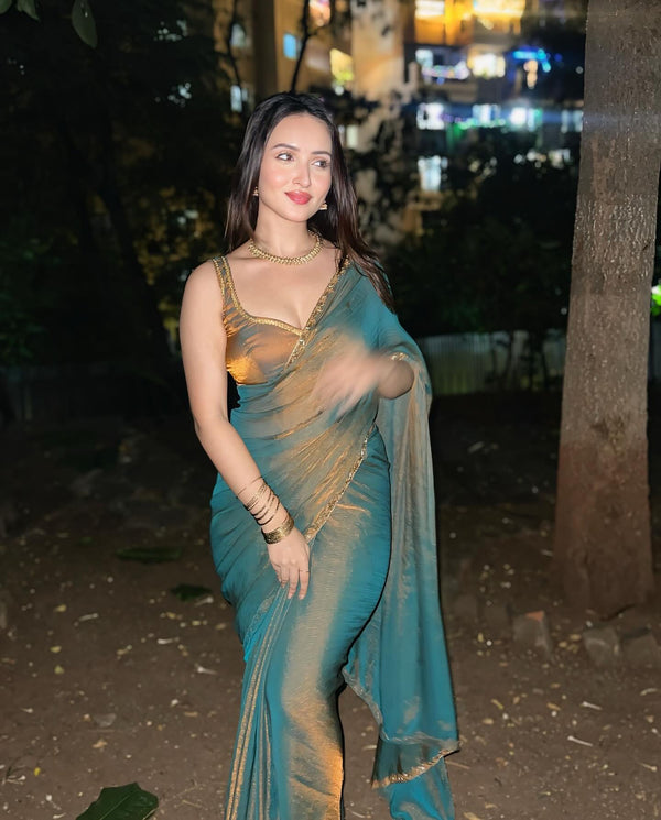 Elegant shimmer Tissue Teal Blue saree Lightweight & Stylish Drape