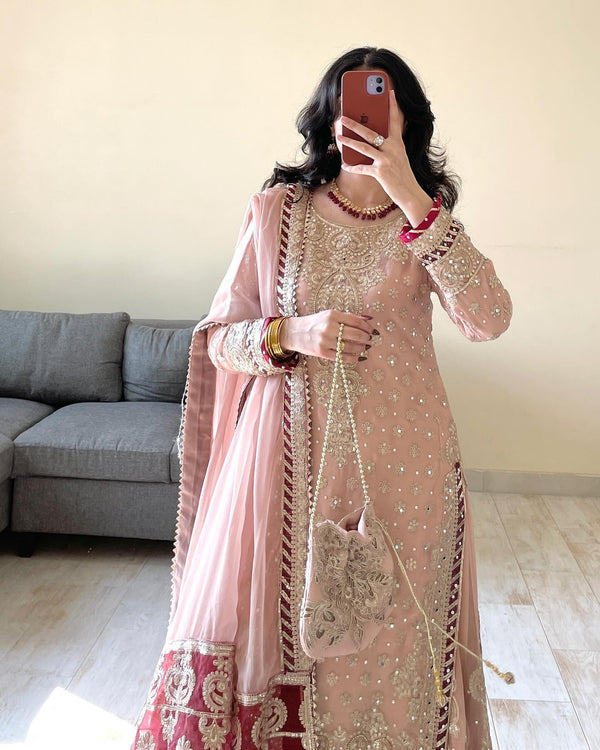 Vihana Pink Embroidered Kurti Sharara Set