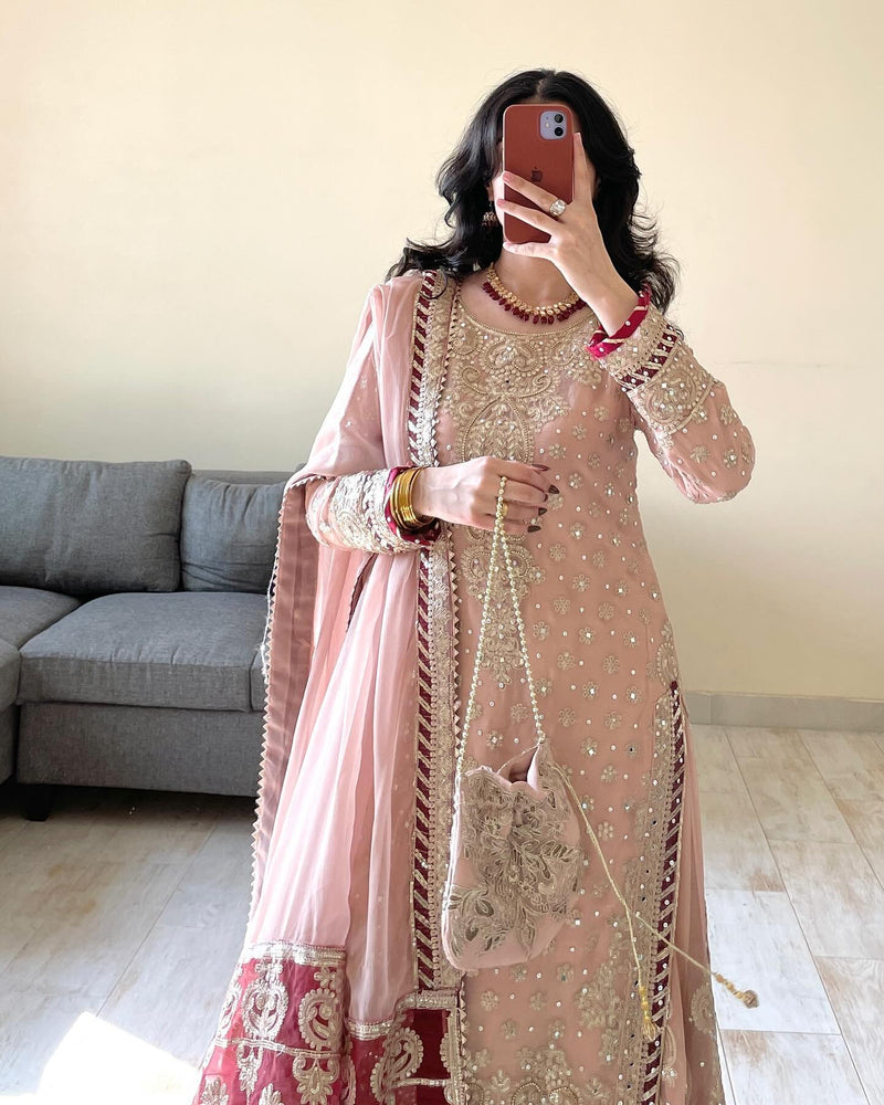 Vihana Pink Embroidered Kurti Sharara Set