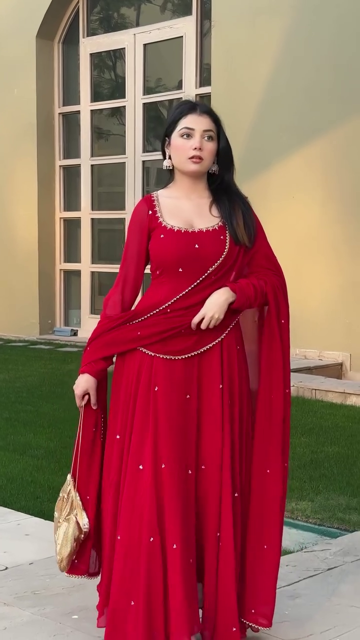 Radiant Red Hand Work Festive Anarkali Set