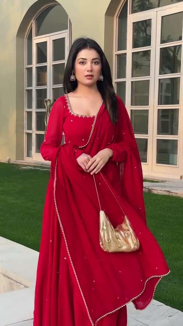 Radiant Red Hand Work Festive Anarkali Set