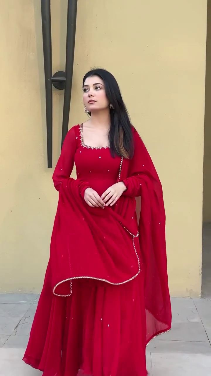 Radiant Red Hand Work Festive Anarkali Set