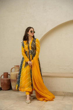 Vrinda Organza Yellow Grey Anarkali Suit Set