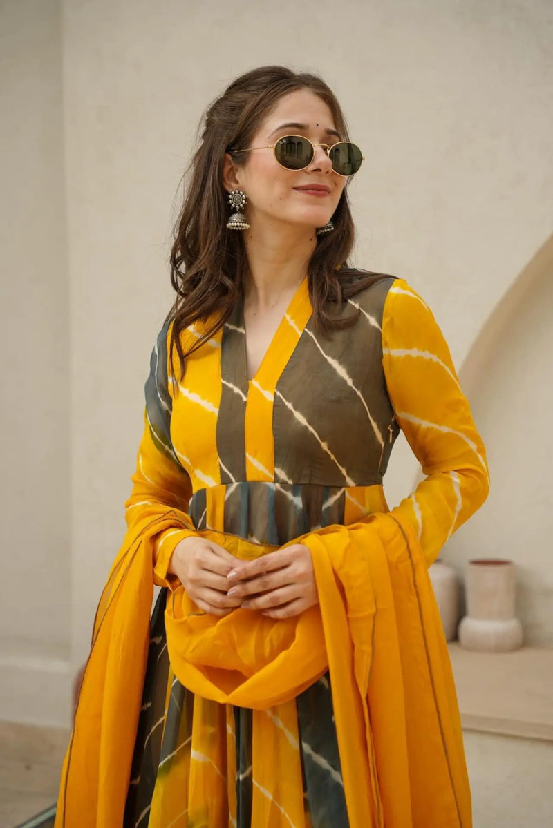 Vrinda Organza Yellow Grey Anarkali Suit Set