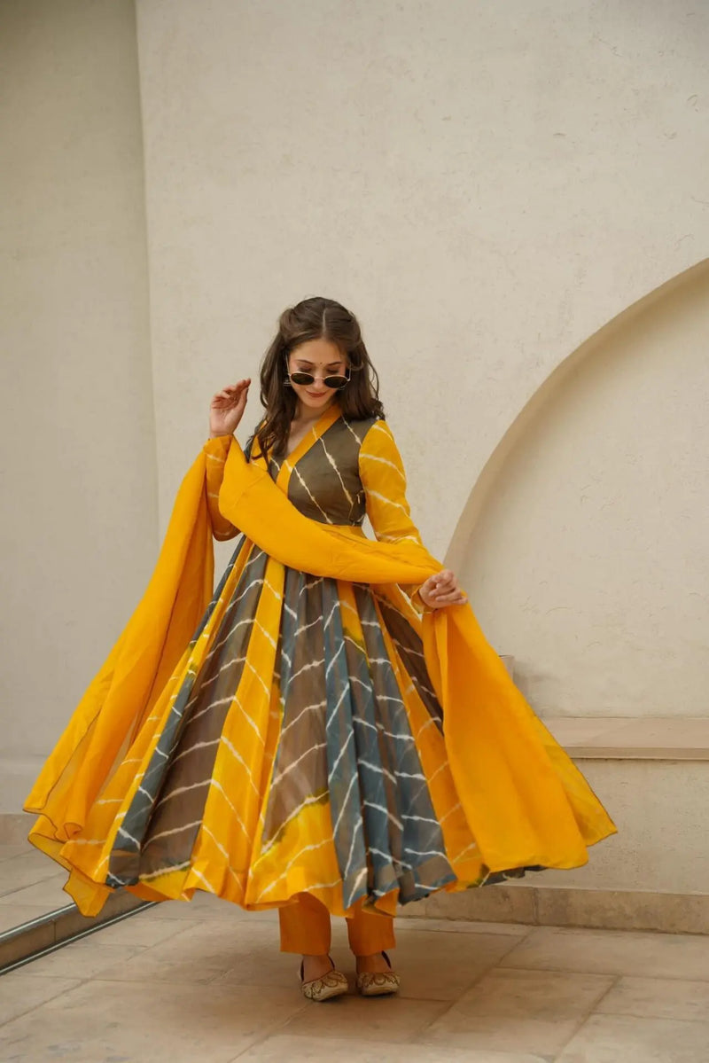 Vrinda Organza Yellow Grey Anarkali Suit Set