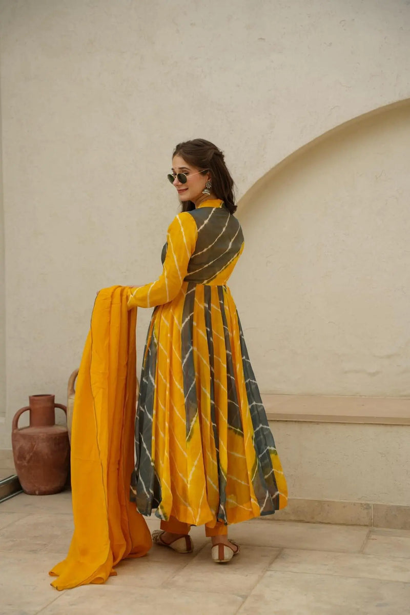 Vrinda Organza Yellow Grey Anarkali Suit Set