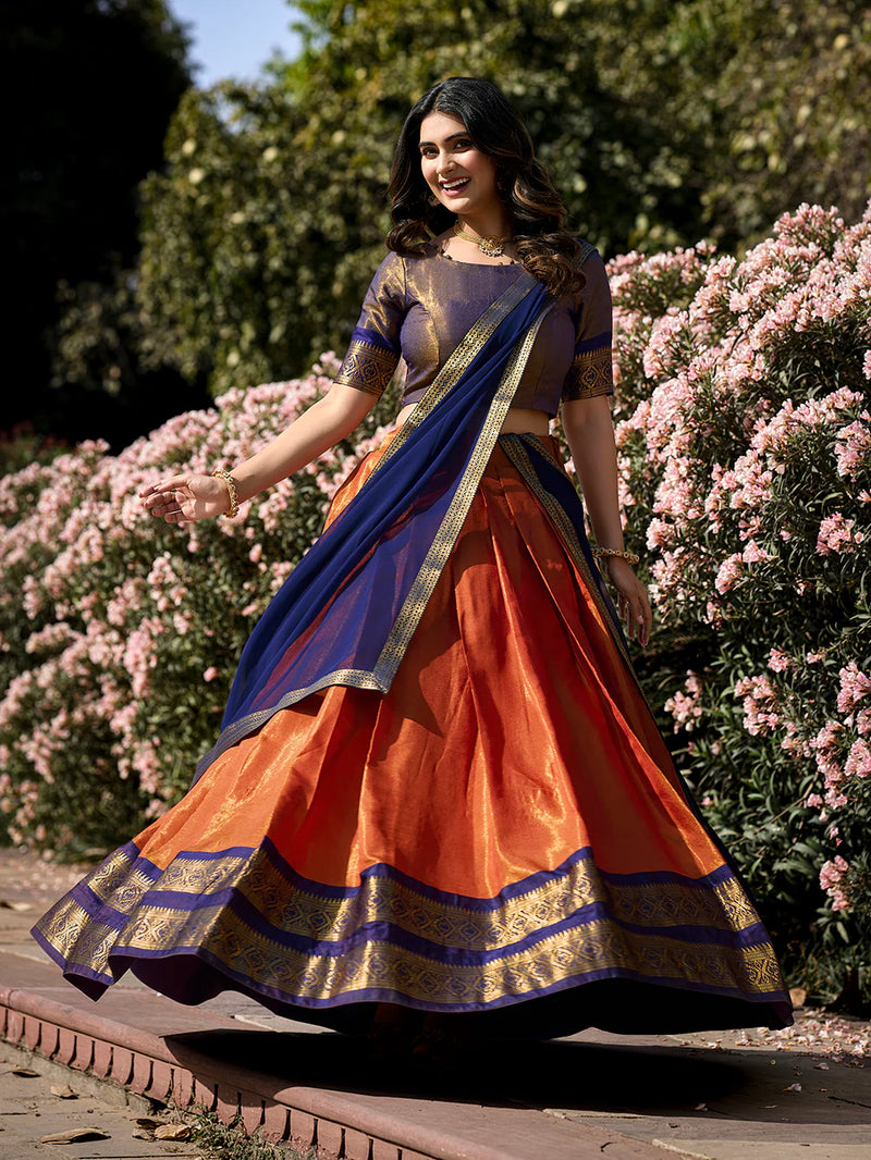 Orange Color Zari Weaving Work Kanchipuram Pattu Lehenga Choli