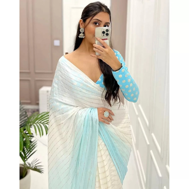 White and skyblue shaded georgette mukesh work designer saree