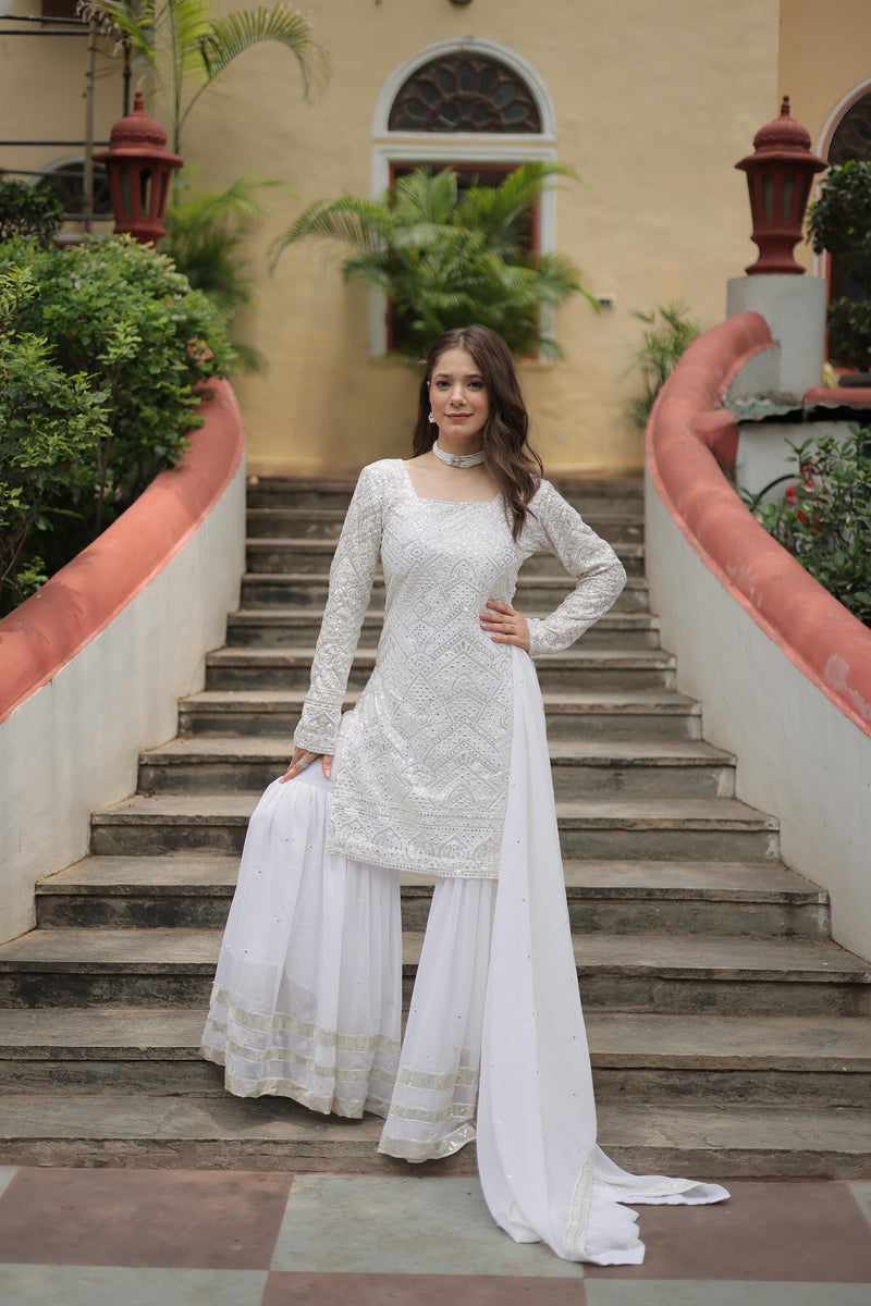 White Color Faux Georgette Embroidered Sharara Suit