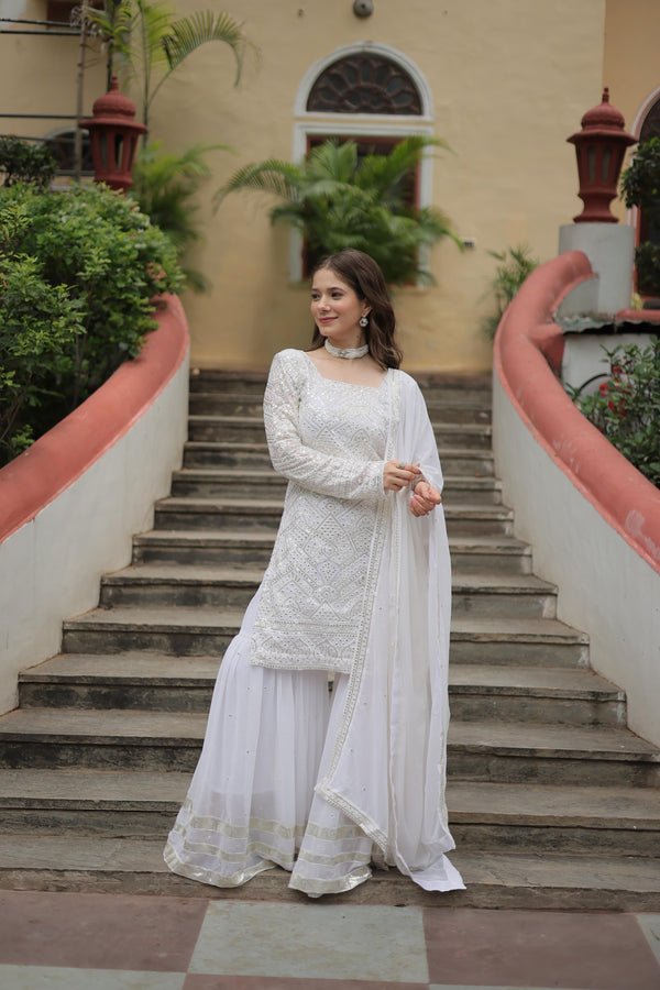 White Color Faux Georgette Embroidered Sharara Suit