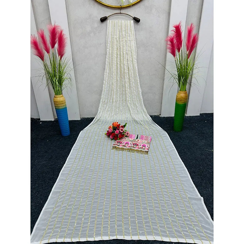 White georgette thread sequence work saree with heavy designer blouse