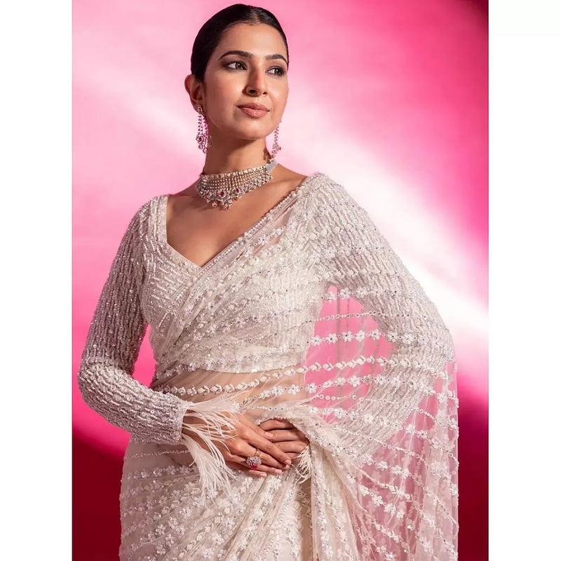 Bollywood model net white fancy work wedding saree subhvastra