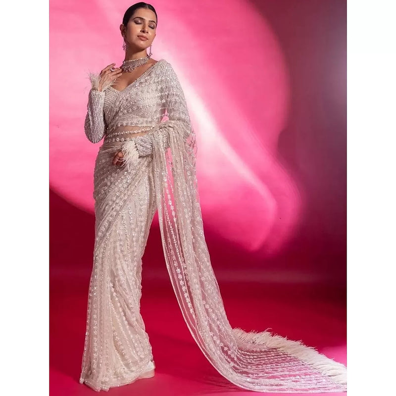 Bollywood model net white fancy work wedding saree