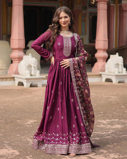 Wine Color Chinnon Sequence Embroidered Gown