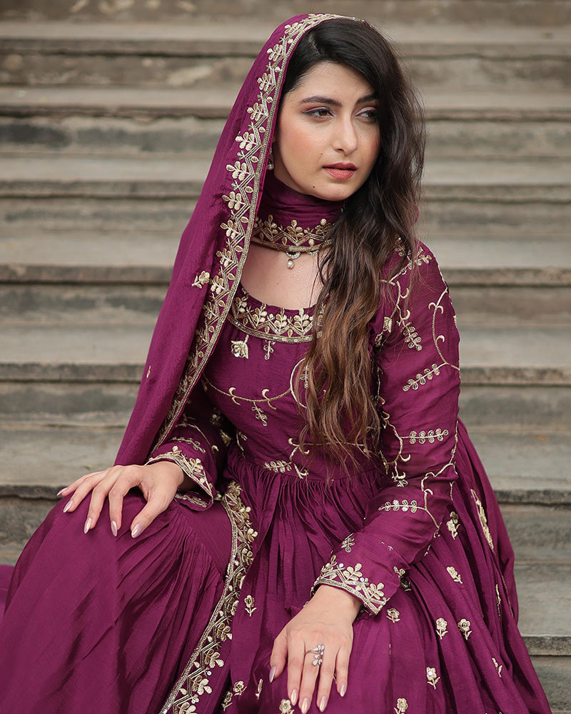 Wine Color Designer Three Piece Sharara Suit