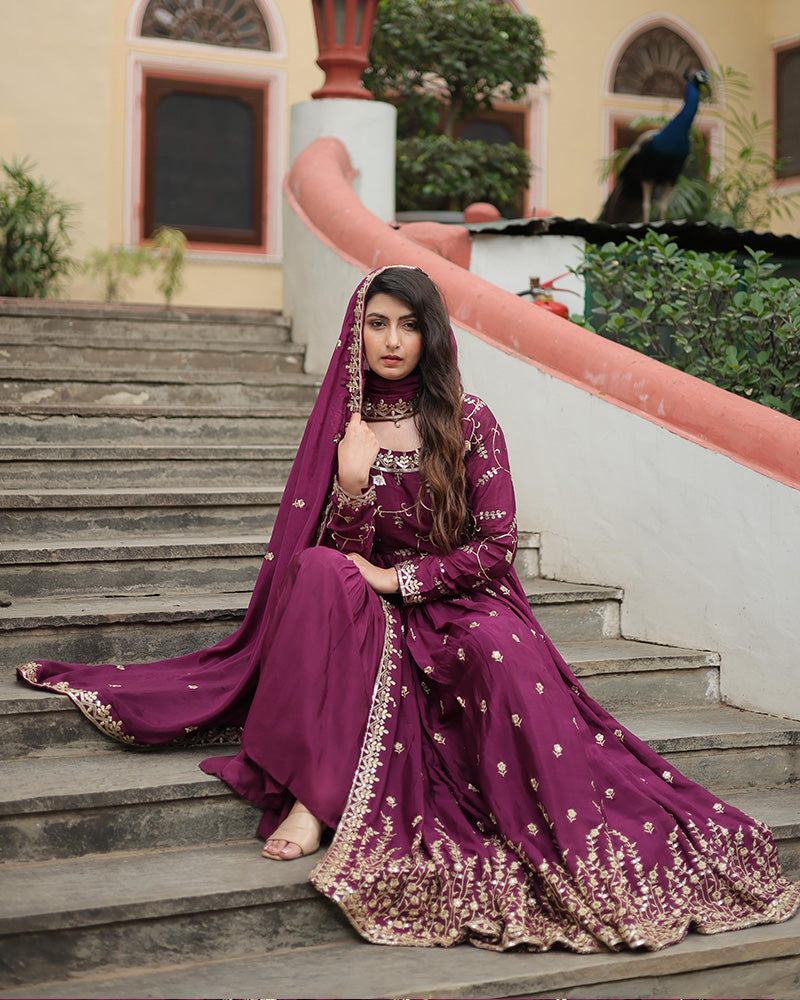 Wine Color Designer Three Piece Sharara Suit