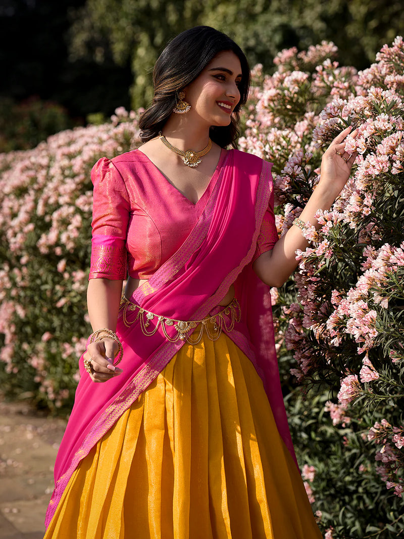 Mustard Color Zari Weaving Work Kanchipuram South Indian Lehenga Choli