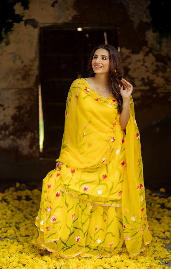 Yellow Color Floral Digital Printed Organza Sharara Suit Set