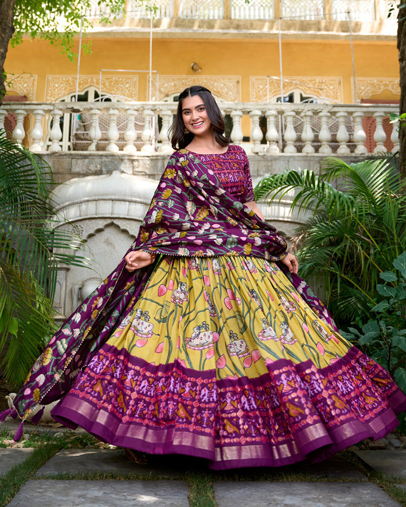 Yellow Color Tussar Silk Patola Printed Lehenga Choli