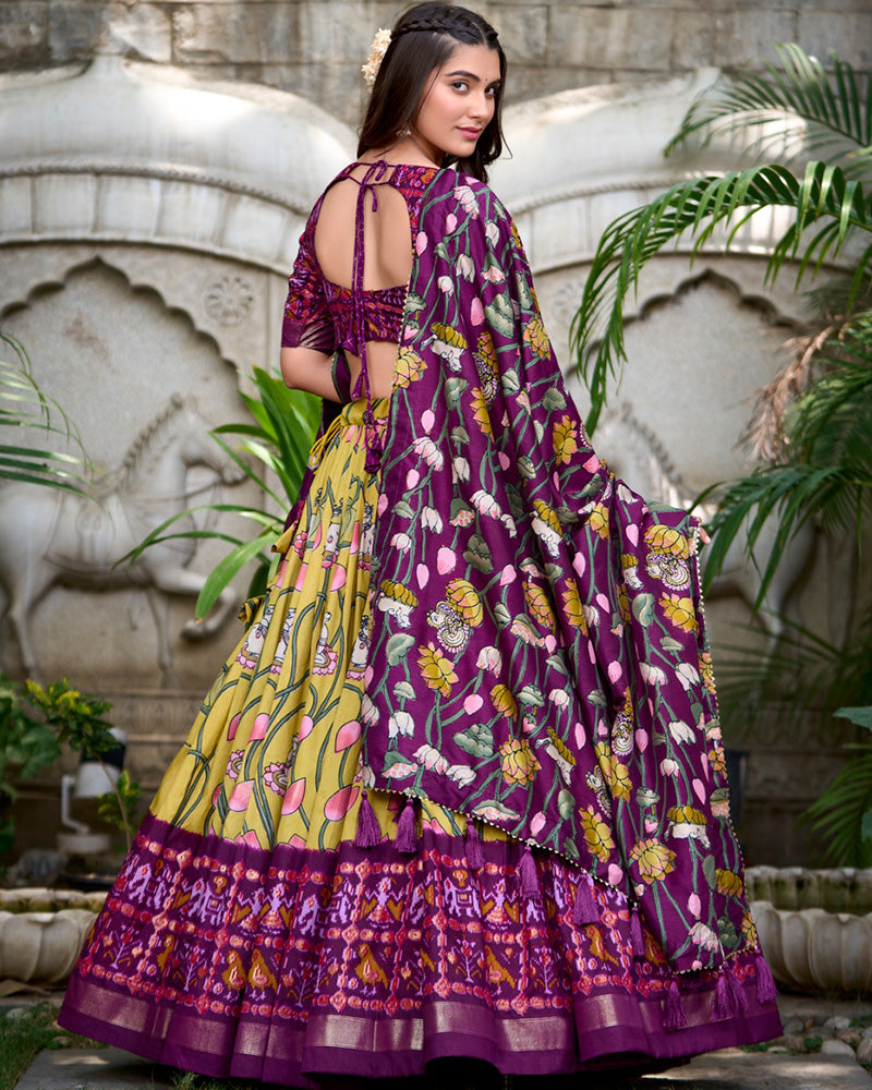 Yellow Color Tussar Silk Patola Printed Lehenga Choli