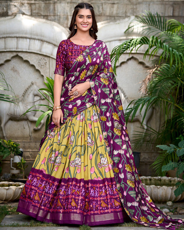 Yellow Color Tussar Silk Patola Printed Lehenga Choli