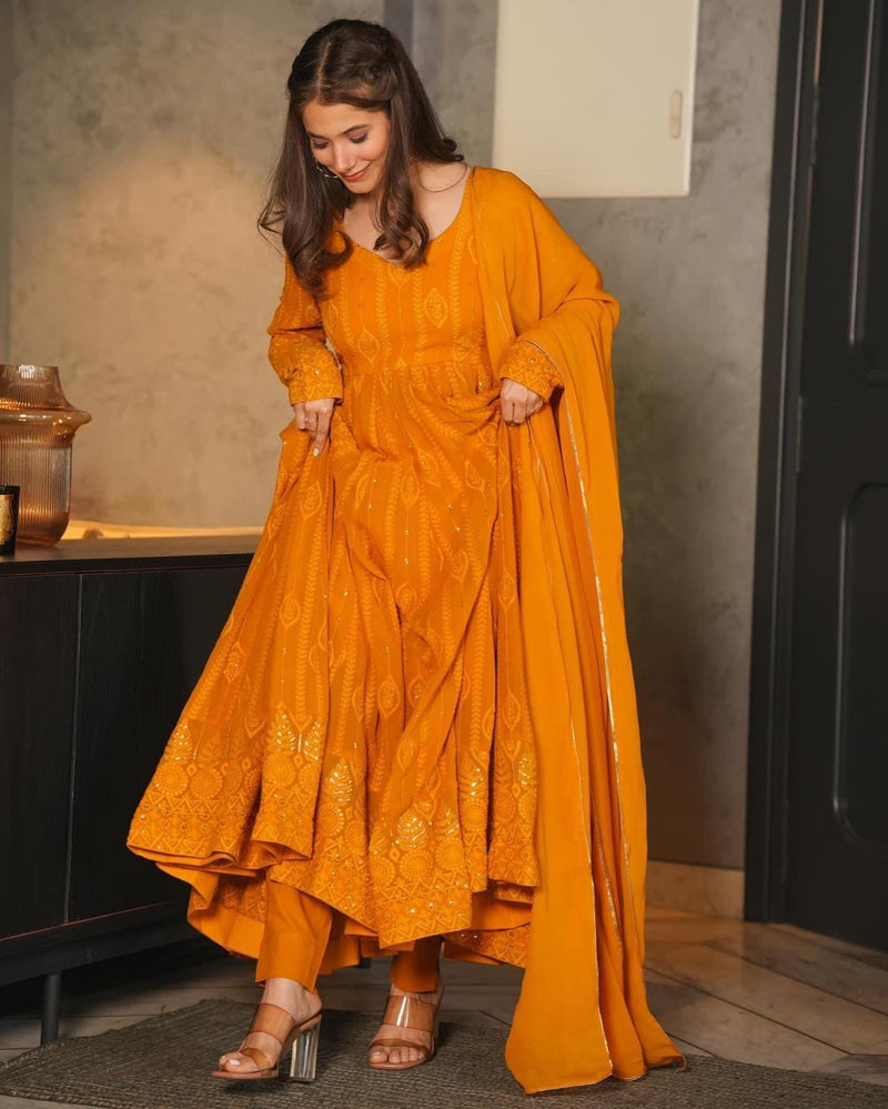 Mustard Embroidered Georgette Sequence Work Suit Set